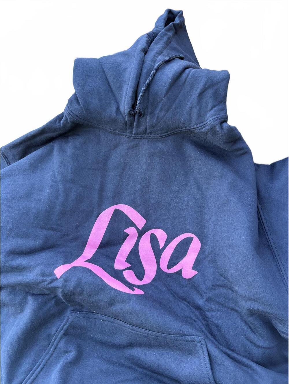 LISA Blackpink Pink Script Logo Navy Blue Drawstring Hoodie Size Large